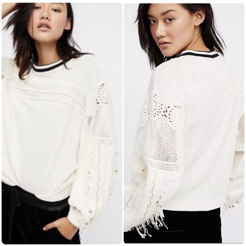 NWOT Free People 100% Cotton Marrakech Crochet Trim Embellished Top Ivory XS